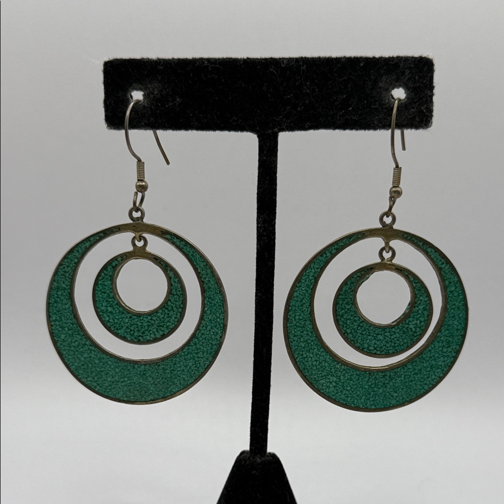 Vintage Alpaca Mexico Silver Green Turquoise Hoop Dangle Drop Statement Earrings 25$